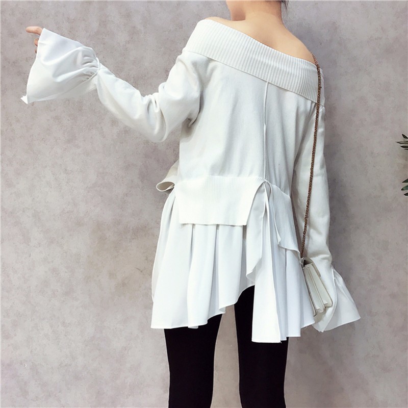 CHICEVER Spring Patchwork Pullovers Knitted Sweater For Women Turtleneck Flare Sleeve Irregular Female Jumper Sweaters Tide 201221