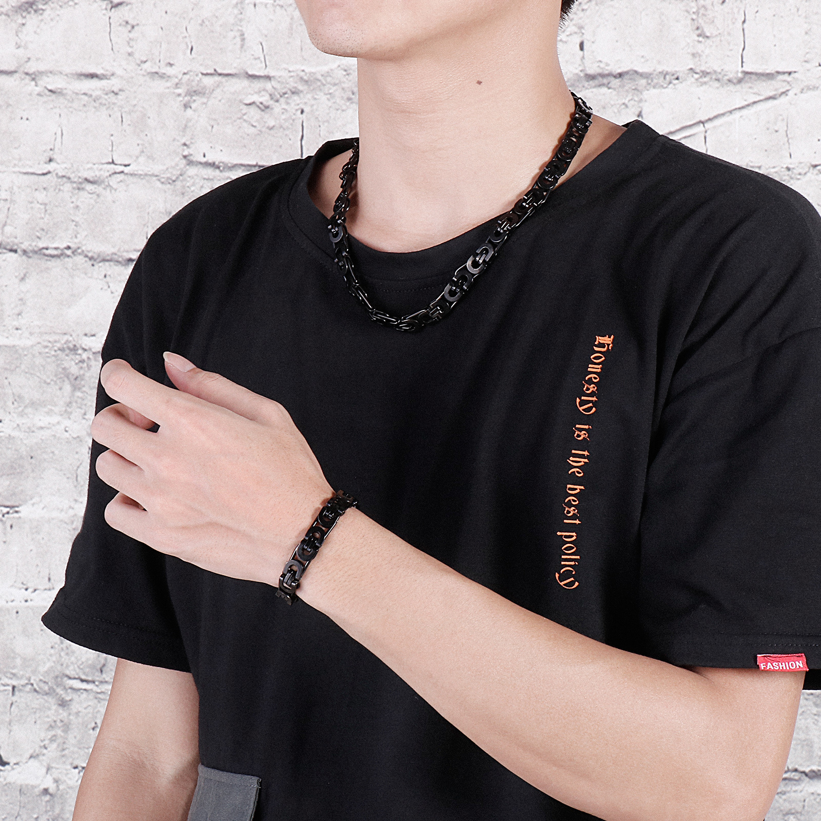 6mm wide 8''+ 20''Thin Silver/ Gold/ Black/ Silver+Black King Chain Stainless Steel Flat Byzantine Chain Necklace Bracelet Mens Wo