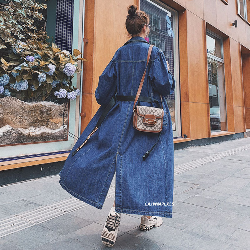 Denim Windbreaker women Autumn New Lady Trench Coat Fashion Lapel Single-breasted long length Jean Overcoat Women with belt T200828
