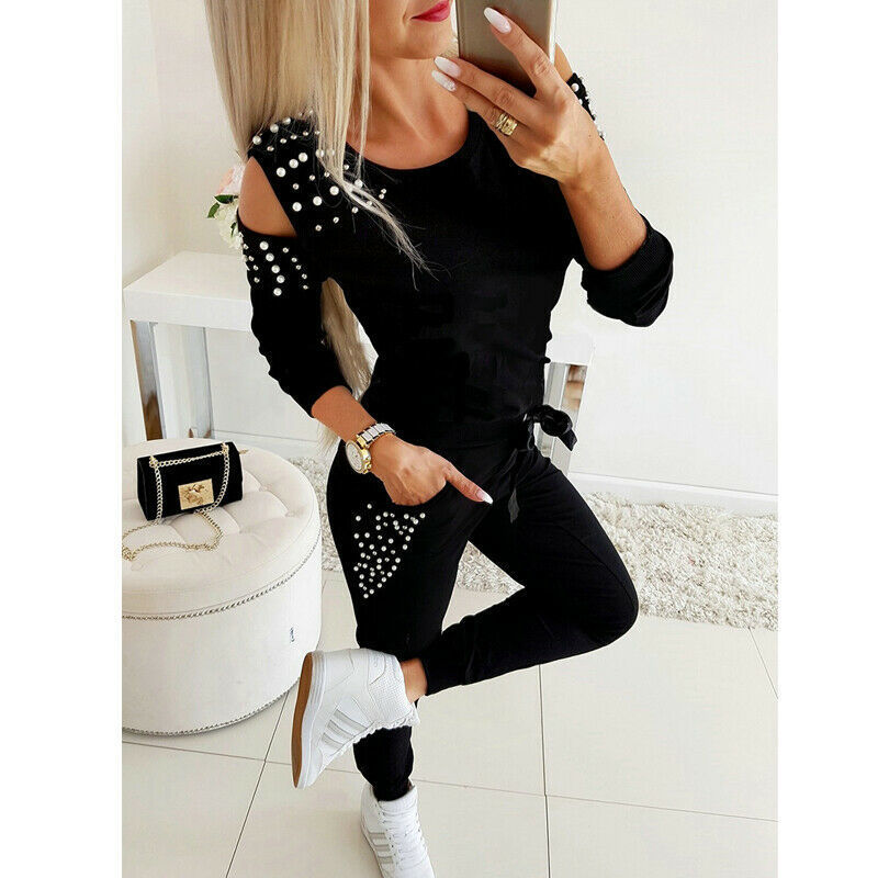 2 Piece Outfits for Women Bead Cold Shoulder Sweatshirt Tracksuit Pant Suit Gym Lounge Wear Jogger Casual Jumpsuit Clothing Set T200116