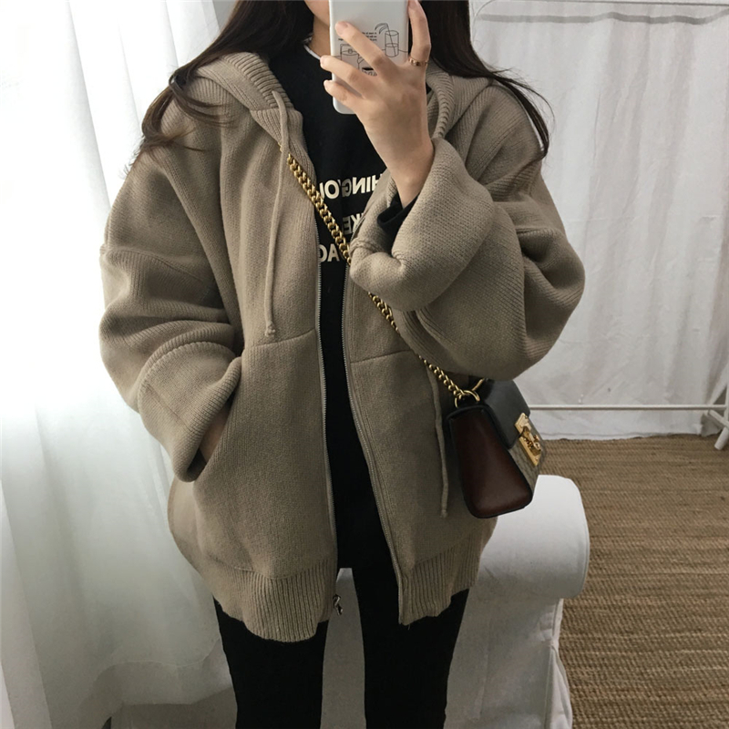 HziriP Autumn Winter Women Knitted Hooded Solid Coat Loose Jacket Thicken Coat Female Casual Overcoat Warm Outerwear 4 Colors 201106