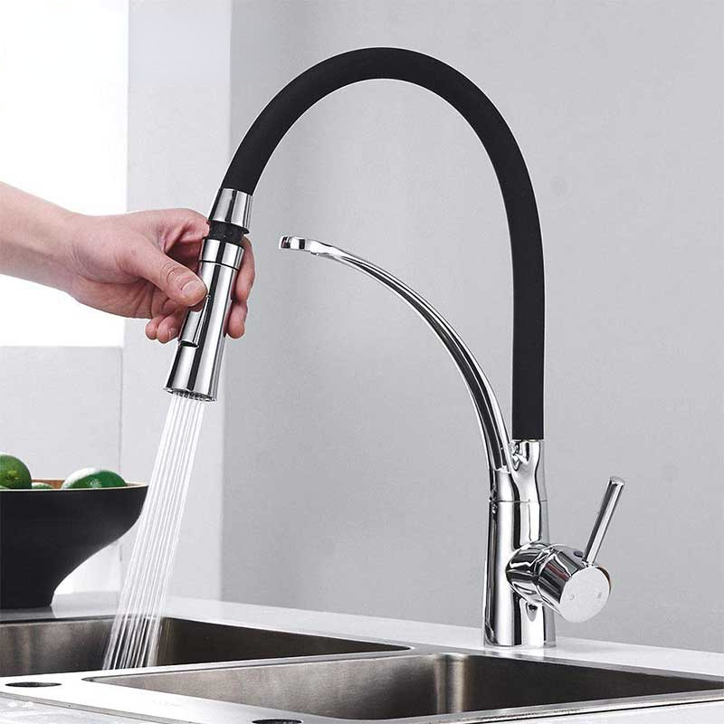 

Chrome Rubber Kitchen Faucet Mixer Tap Rotation Pull Down Stream Sprayer Taps Hot Cold Water Tap with Single Handle Kitchen Tap