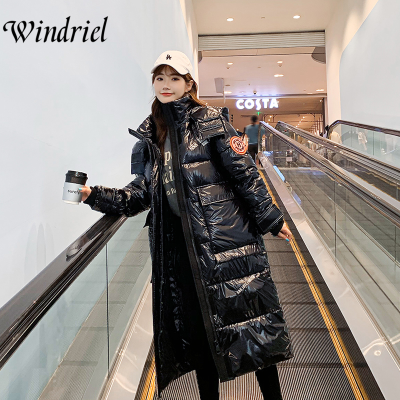 Long Winter Jacket Thick Warm Winter Parkas Hooded Waterproof Winter Coat Women Fashion Letter Bright Wadded Jackets Windriel 201217