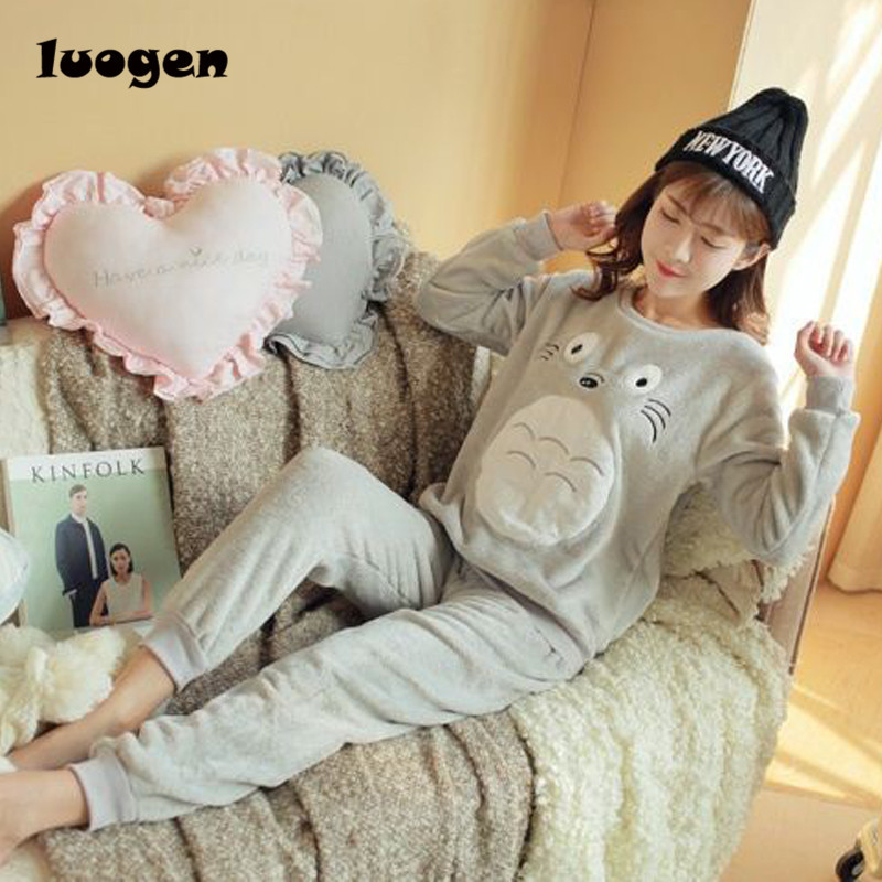 Autumn Winter Women Warm Pajamas Sets of Sleepcoat & Trousers Lady Lounge Cartoon Totoro Flannel Sleepwear Female Home Clothing 210203