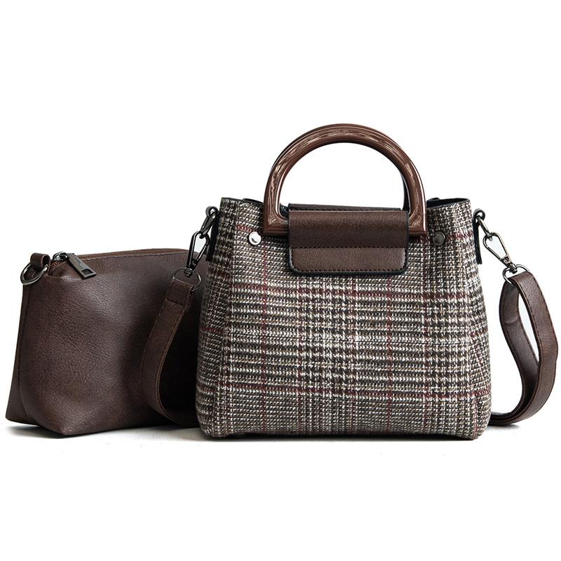2 bags Women's Designer Handbag 2021 Fashion New Women bag High quality Wool Stripes Women Tote bags Girl Shoulder Messenger bag, Brown