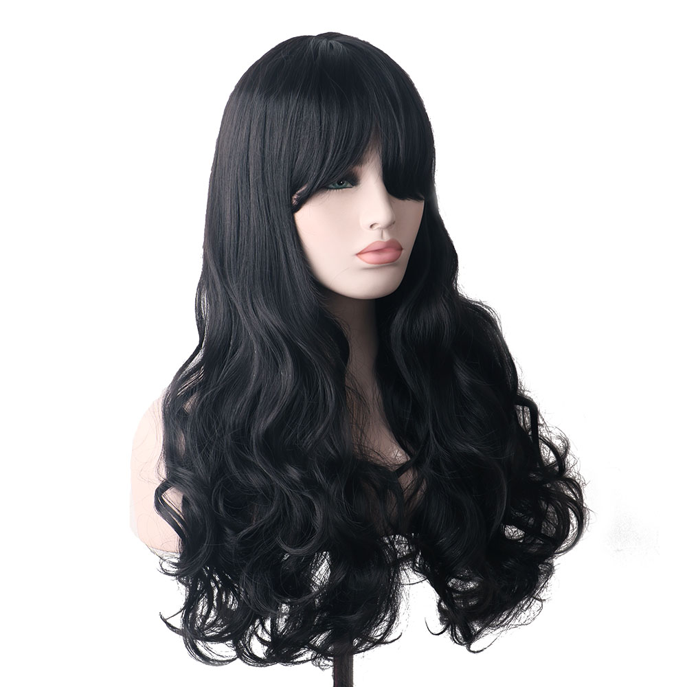 WoodFestival Synthetic Hair Black Long Wavy Wig With Bangs Cosplay Wigs For Womens Ombre High Temperature Fiber