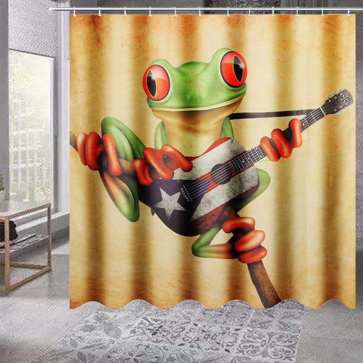 Animals Frogs Playing Guitar Shower Curtain Waterproof Bathroom Curtains Rug Lid Toilet Cover Polyester Bath Mat Set Home Decor T200711