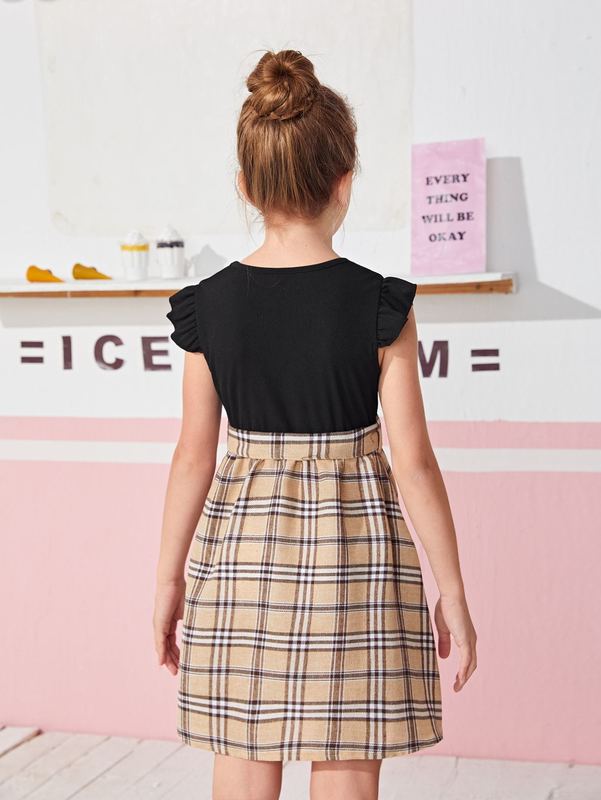 Girls Plaid Ruffle Sleeve Belted Dress SHE