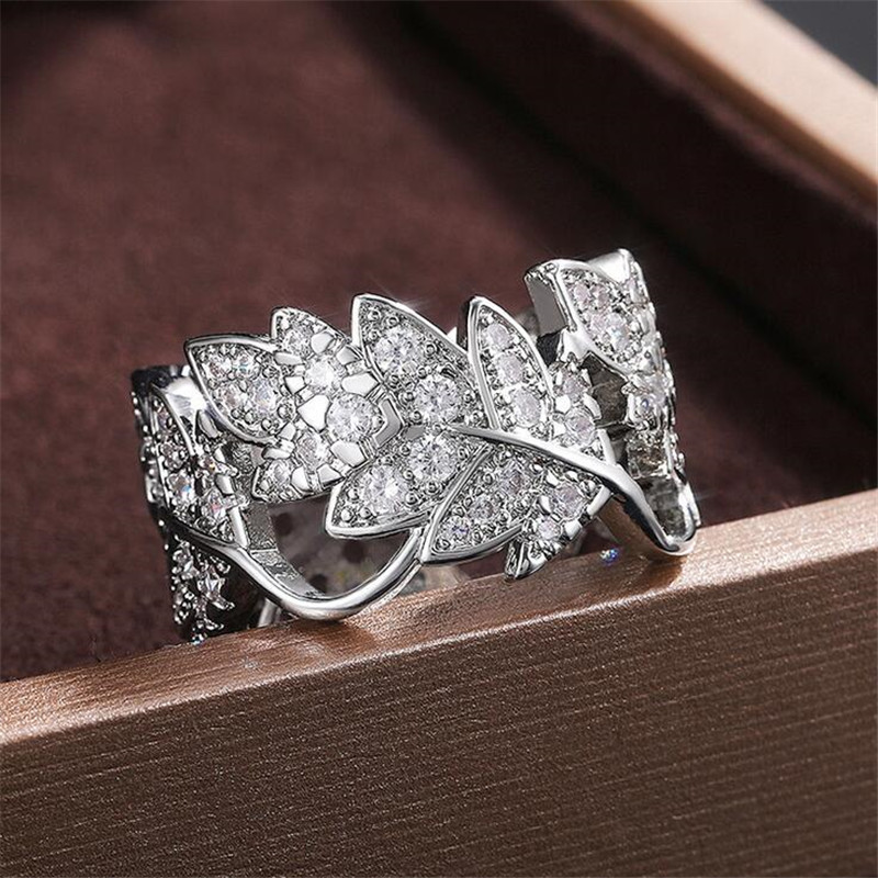 Size 6-10 Simple Fashion Jewelry 925 Sterling Silver Pave White Topaz CZ Diamond Gemstones Eternity Party Women Wedding Leaf Ring Set Gift
