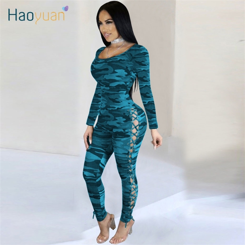 HAOYUAN Sexy Camouflage Jumpsuits One Piece Outfit Bodycon Bandage Costumes Overall Long Sleeve Body Rompers Womens Jumpsuit T200509