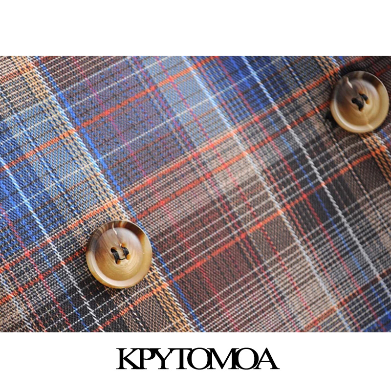 Vintage Stylish Double Breasted Plaid Blazer Coat Women Fashion Long Sleeve Pockets Office Wear Female Outerwear Chic Tops 201114
