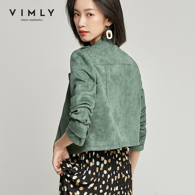 Vimly Streetwear Women Jacket Spring Autumn Fashion Stand Collar Zipper Solid Pockets Slim Casual Female Short Overcoat F3591 201017