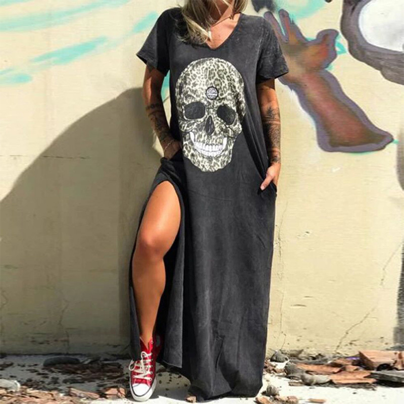 Punk Style Loose Summer Dress Women Skull Flower Print Sleeveless Long Dress Female Sexy High Slit Maxi Dress Vestidos 3XL T200603
