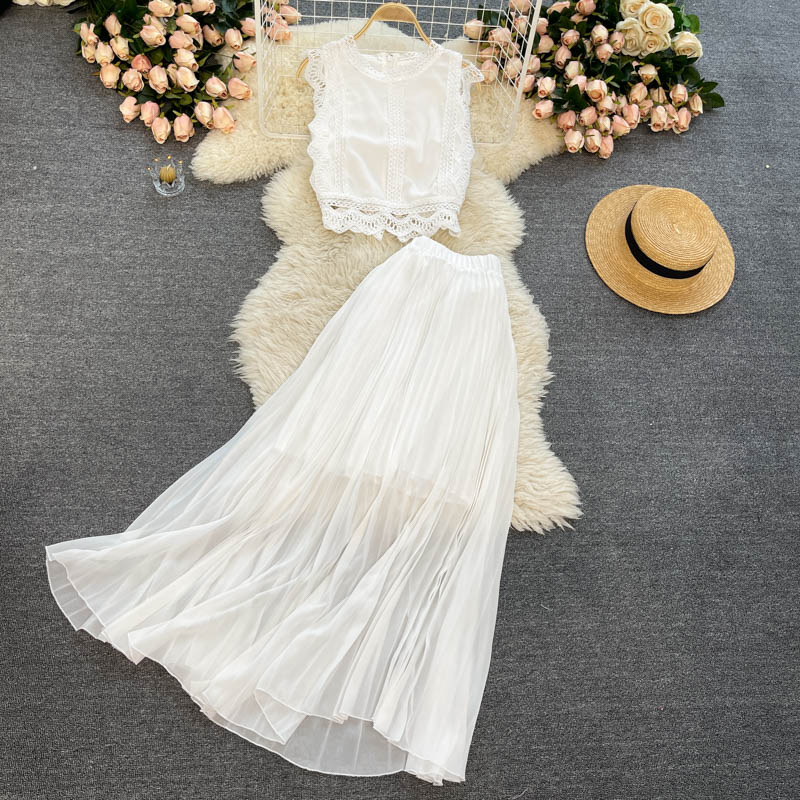 Purple/Yellow/Red Lace Chiffon Two Piece Dress Women Vintage Beach Party Sleeveless Short Tops Pleated Long Skirt Female 2pcs Suit 2022