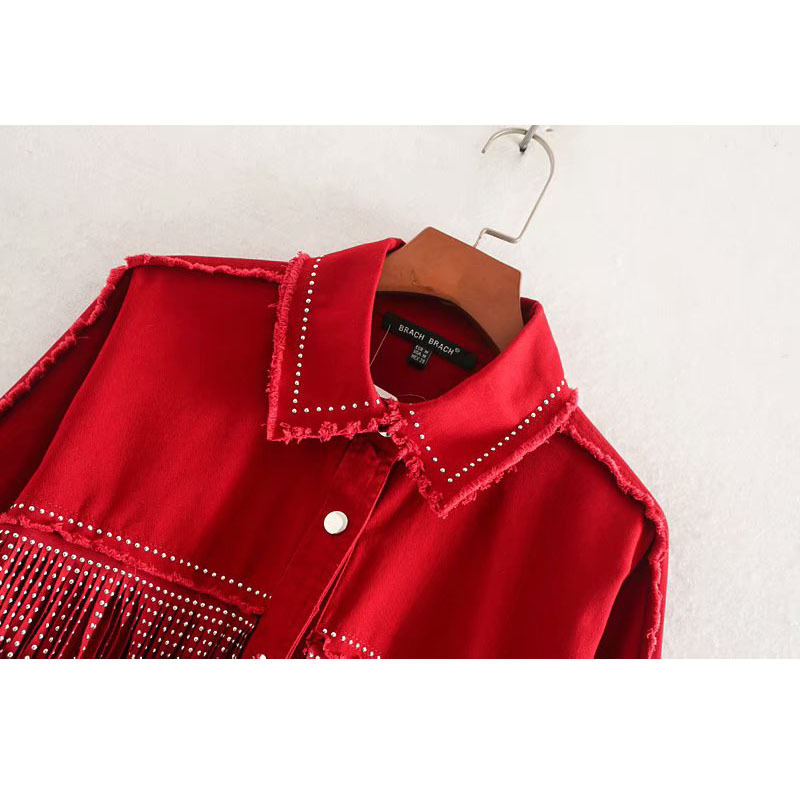 Red Vintage Shiny Rhinestone Fringed Women's Jacket Lapel Long Sleeve Single-breasted Harajuku Chic Loose Female Coat Denim Coat Y201006