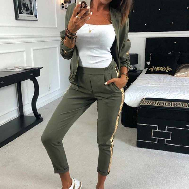Women's Sports Tracksuits 2 Piece Set Sequined Patckwork Long Sleeve Zippers Tops Elastic Waist Pants Suit 2020 Spring Tracksuit LJ201012