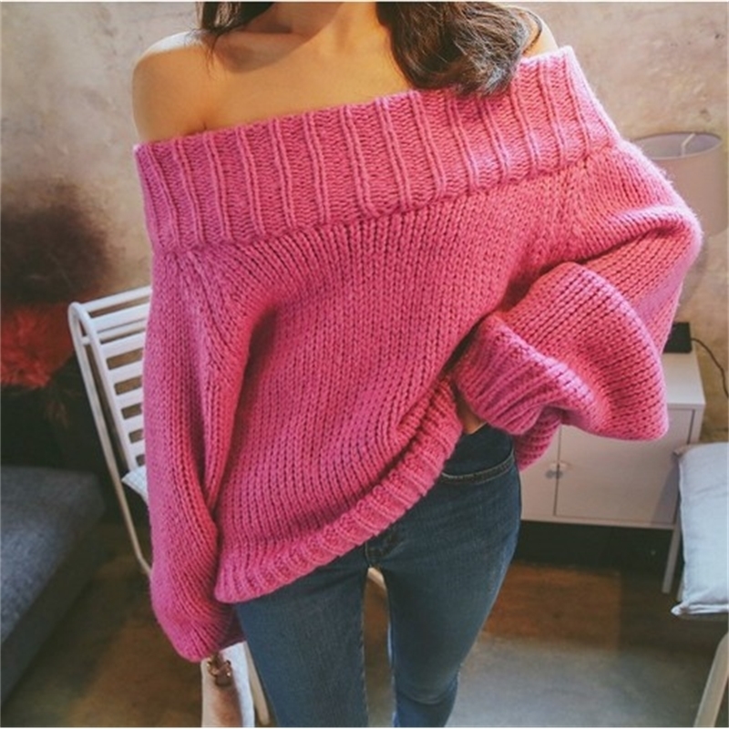 Fashion Slash-neck Full Sleeve Knitted Sweater Women Cold Shoulder Elastic Knitted Pullovers Femme Sexy Off-shoulder Jumper 201201