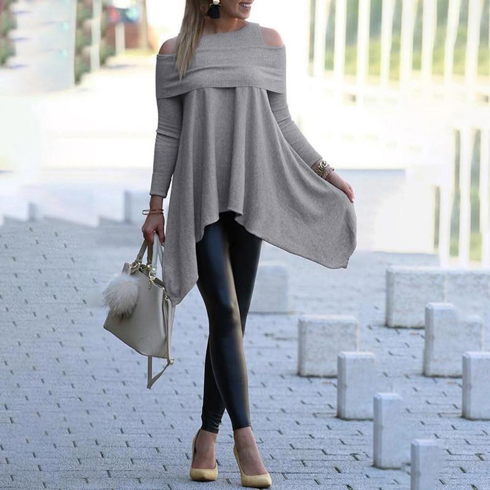 Autumn Long Sleeve Irregular T Shirt Elegant Off the Shoulder Slim Long Shirt Knitted Pullovers Women's Oversized Tops Clothes 201029