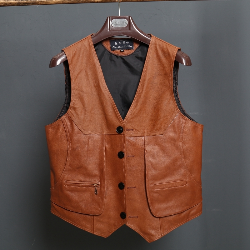 BONJEAN New Arrival Leather Motorcycle Vest Mens Slim Fit Real Brown Cow Genuine Leather Waistcoat Bikers Vest Size L-8XL 201216