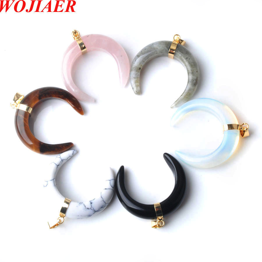 WOJIAER Crescent Moon Pendants & Necklaces Natural Lapis Lazuli Rose Quartz Opalite Stones Gold Color Women Jewelry BO951