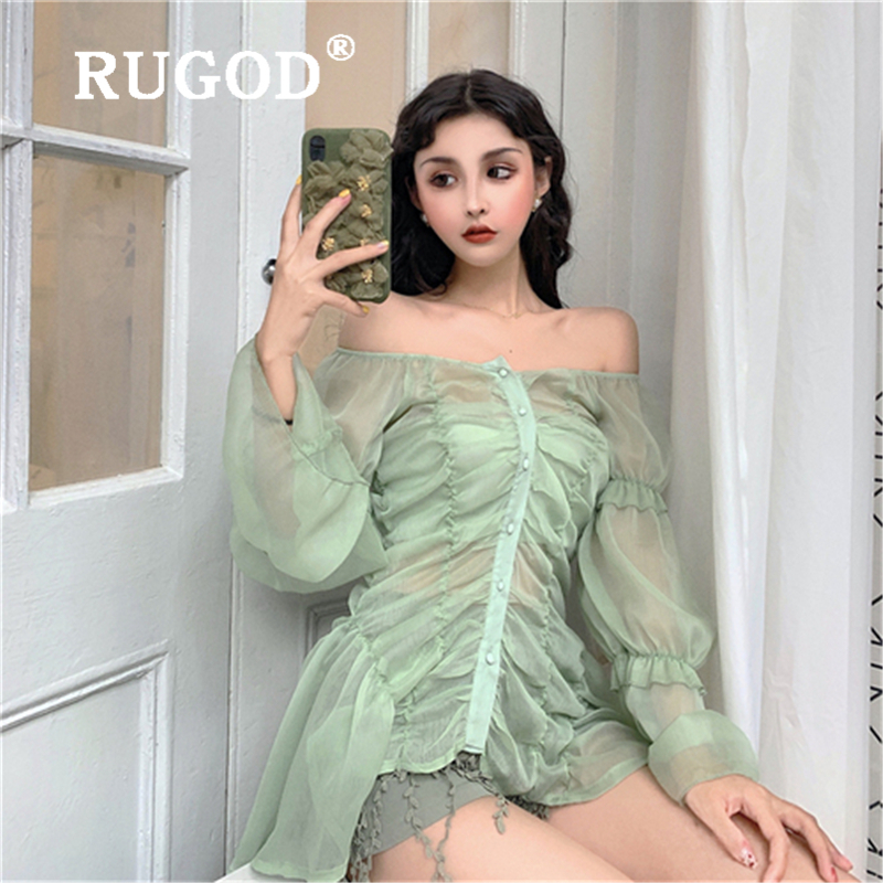 RUGOD Office ladies light green chiffon blouse sexy off shoulder sweet long sleeve shirts Fashion singlebreasted irregula tops T200321
