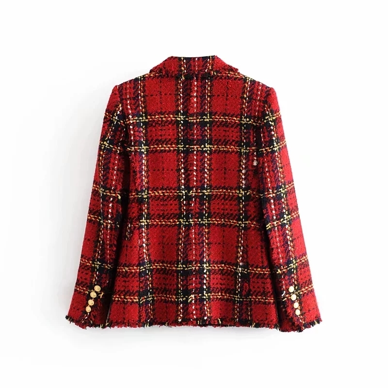 Red Plaid Blazer 2020 Women Spring-Autumn Vintage Tweed Suits Jackets Office Ladies Chic Slim Blazers Girls Tassel Tops Set Coat T200828