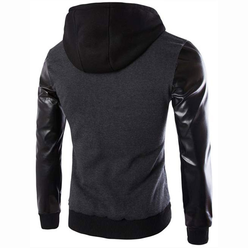 Cool Hooded Jacket Men Spring Fashion Pu Leather Sleeve Splice Bomber Jacket Casual Windbreaker Blouson Veste Sweat Homme 201218