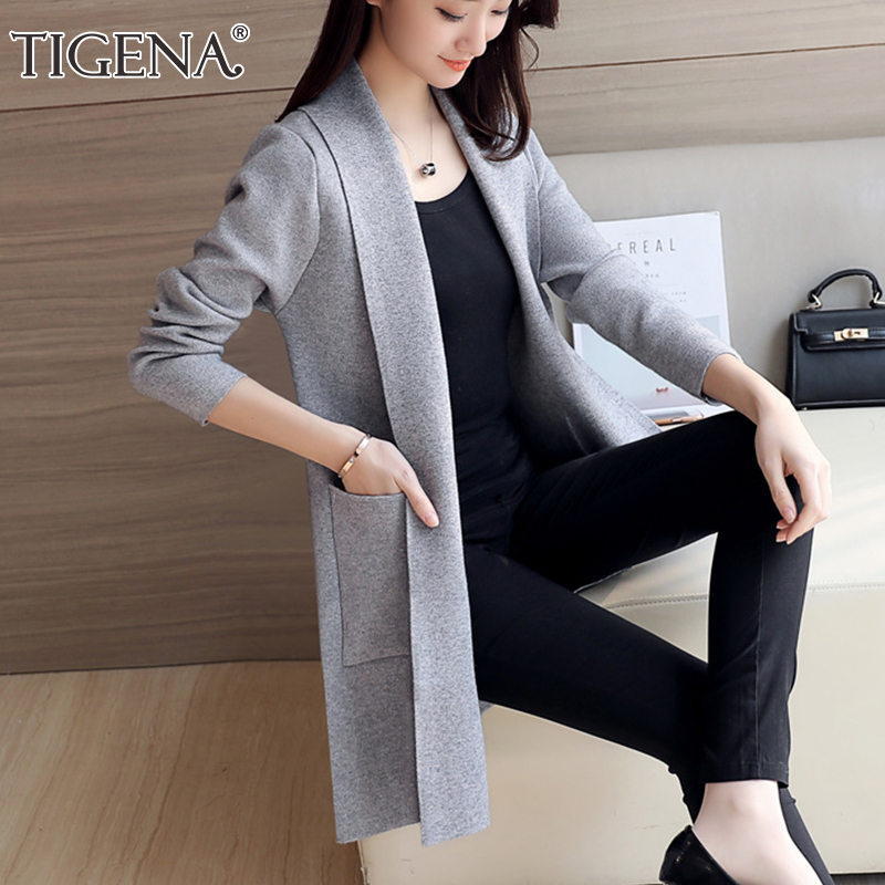 TIGENA Long Cardigan Female Autumn Winter Women Long Sleeve Cardigan Sweater Knitted Cardigans For Women Jacket Tops 201111wtt