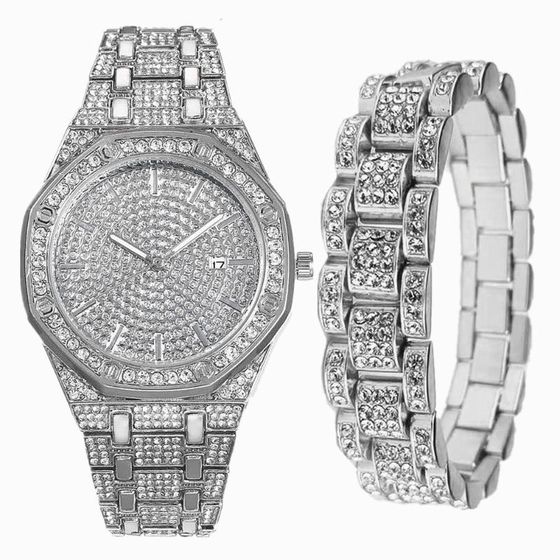 Wristwatches Style Watch For Men Luxury Iced Out + Bracelet Cuban Link Chain Bling Bangle Mens Set Jewelry Clock Relogio, Slivery;brown
Wristwatches Style Watch For Men Luxury Iced Out + Bracelet Cuban Link Chain Bling Bangle Mens Set Jewelry Clock Relogio, Slivery;brown