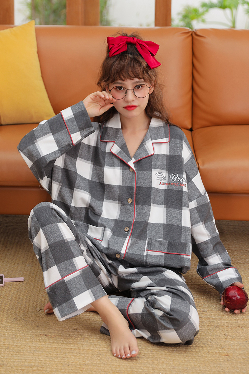 Spring and autumn long sleeve ladies pajamas Set & pure cotton winter thin cotton sleepwear suit plaid bedding nightwear suit 201113