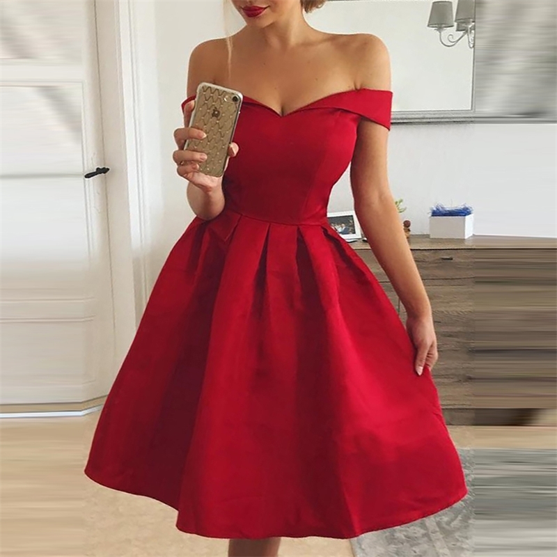 Elegant Red Dress Women Patchwork Slash Neck Short Sleeve Tunic Dress Summer Lady Sexy Prom Gown Evening Party Dresses D30 T200320