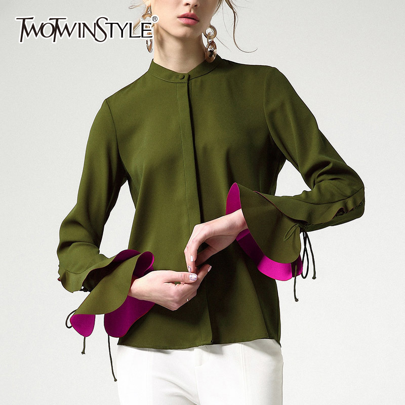 Ruffles Blouse Top For Women Flare Sleeve Lace Up Green Basic Shirt Female Summer Vintage Fashion 2020 Clothing T200321