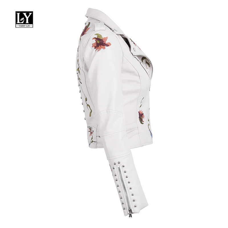 Ly Varey Lin Faux Soft Leather Jacket Women Embroidery Floral Faux Leather Jacket Pu Motorcycle Epaulet Zipper Punk Outerwear 201226