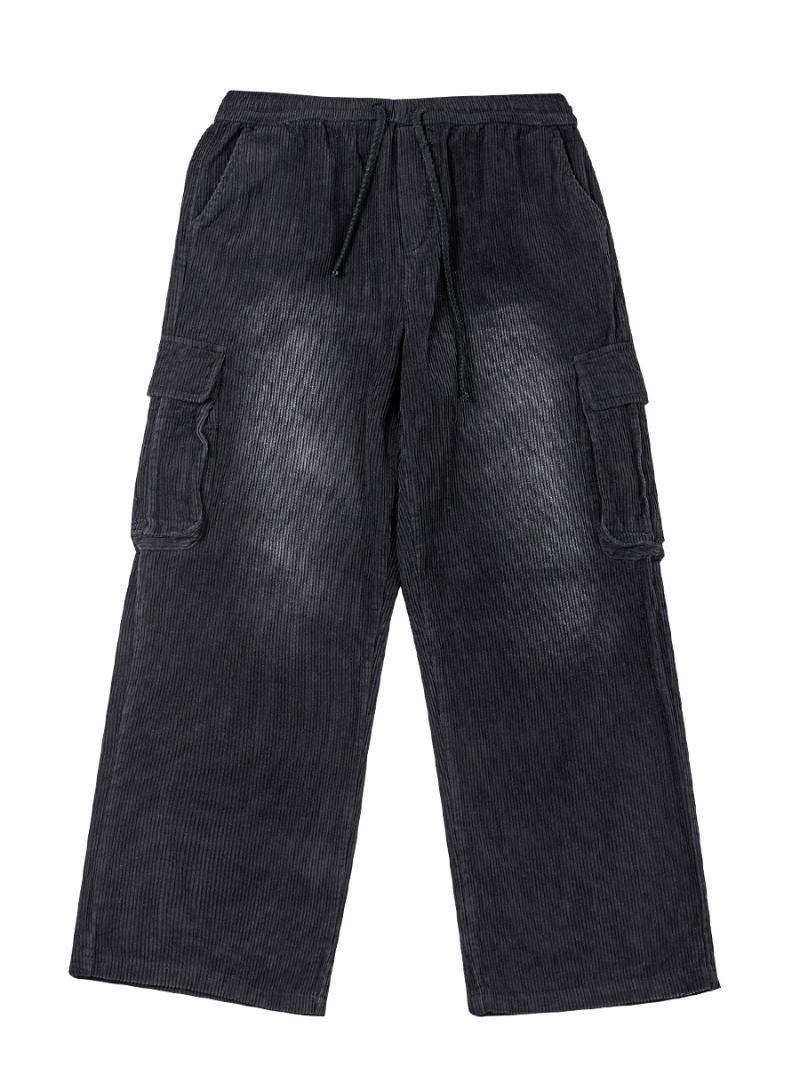Corduroy Trousers Mens Old School Multi-pocket Cargo Pants Men Casual Thick Baggy Straight Elasticated-waist Wide-Leg Black Pant1