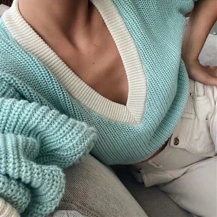 2021 New European and American Pullover V-neck Short Sweater Women's Autumn Winter Loose Lazy Wind Color Contrast T-shirt Qgsp, Green
2021 New European and American Pullover V-neck Short Sweater Women's Autumn Winter Loose Lazy Wind Color Contrast T-shirt Qgsp, Green