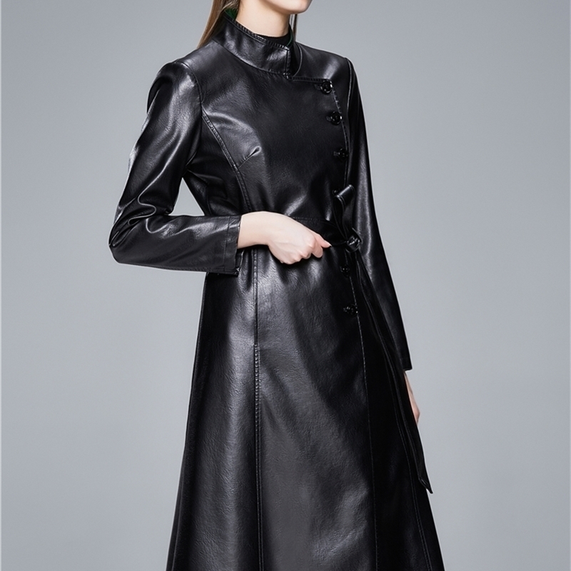 Women Black Red Pleated Big Size Pu Leather Trench New Lapel Long Sleeve Loose Windbreaker Fashion Spring Autumn 201031