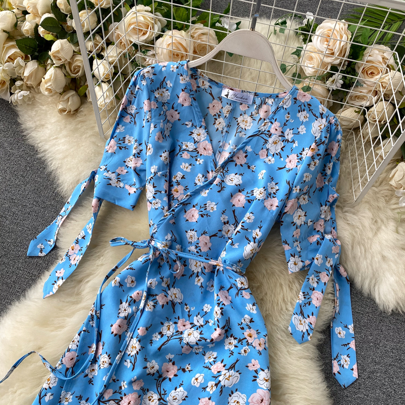 SINGRAIN New Summer Print Floral Dress Women V Neck Chiffon Bohemian Dresses Beach Irregular Female Wrap Midi Long Dress T200603