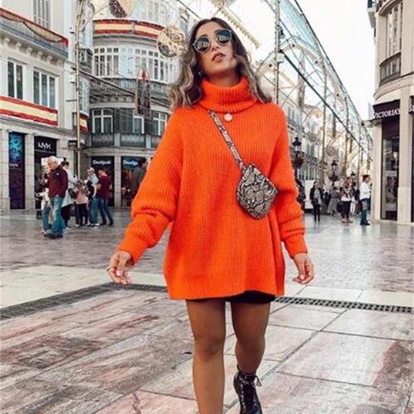 Winter Women Orange Color Turtleneck Knit Sweater Batwing Sleeves Oversize Knit Pullovers 201223