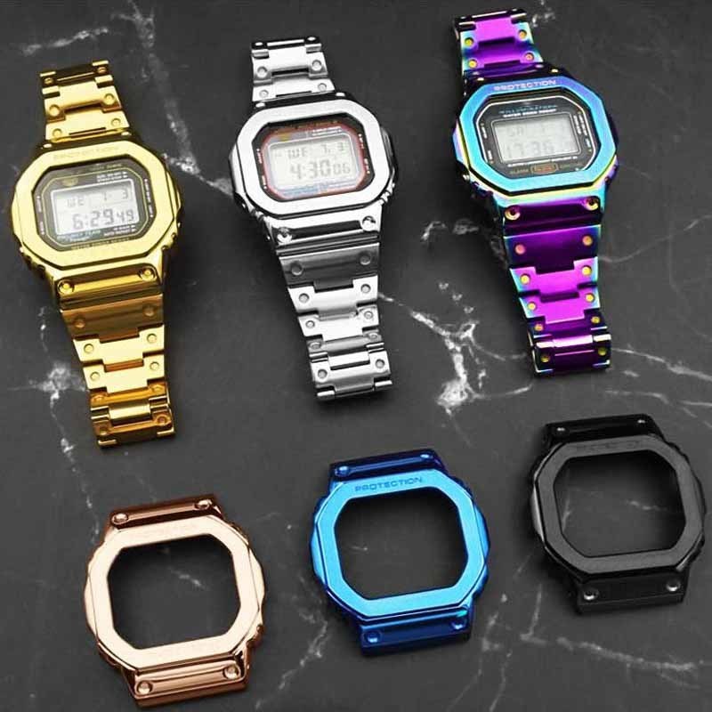 DW5600 Set Metal Watch Strap Band 316L Stainless Steel Watchband Case for GW-5000 5035 GW-M5610 5600 Belt Watch Band + Bezel LJ201118