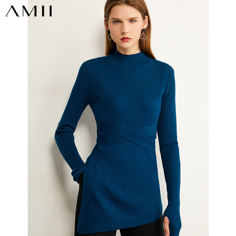 AMII Minimalism Autumn Winter Women Sweater Fashion Turtleneck Slim Fit Women's Sweater Solid Belt Female Sweater Tops 12040520 201017