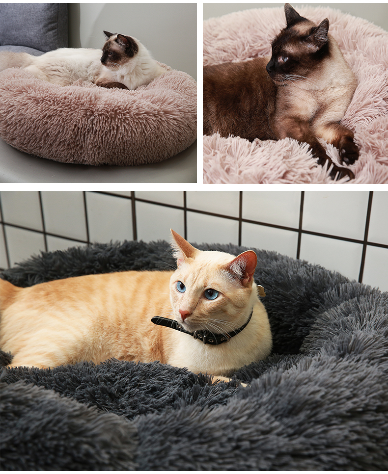 Pet Beds Donut Round Dog Bed Soft Plush Fluffy Cat Cushion Anti-Slip Machine Washable Self-Warming for Puppy Small Medium Large 201126