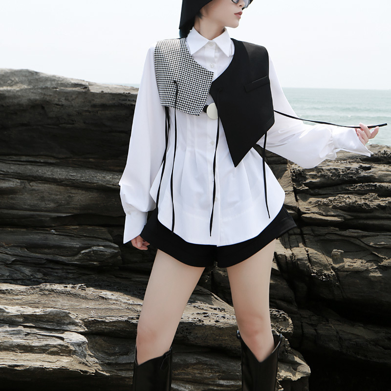 EAM Women Black Plaid Split Asymmetrical Loose Fit Vest Vcollar Sleeveless Fashion Spring Autumn 1H073 201031