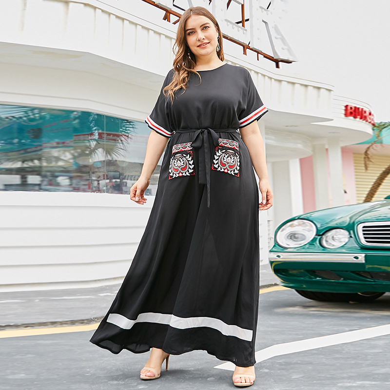 Siskakia Plus Size Dresses Summer New O Neck Short Sleeve Maxi Dress Black Ethnic embroidery Women Clothing Big Size T200601