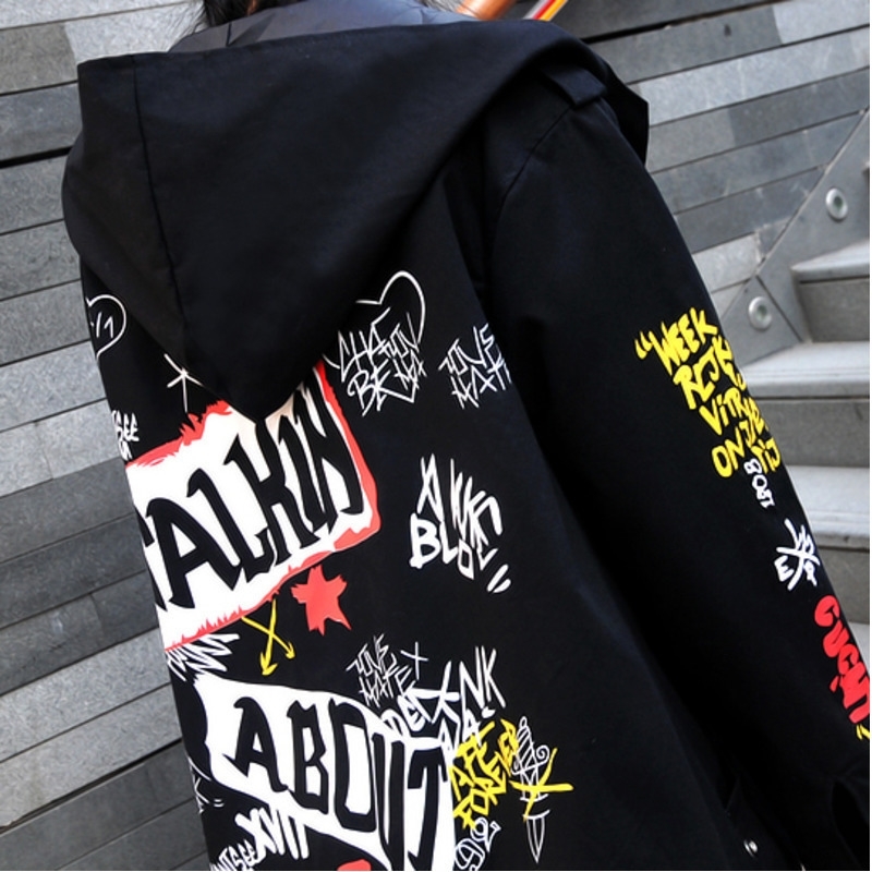 Vefadisa Women Scrawl Overcoat Autumn And Winter Long Hooded Women Cotton Coat Letter Printing Women Jacket DQ0287 201217