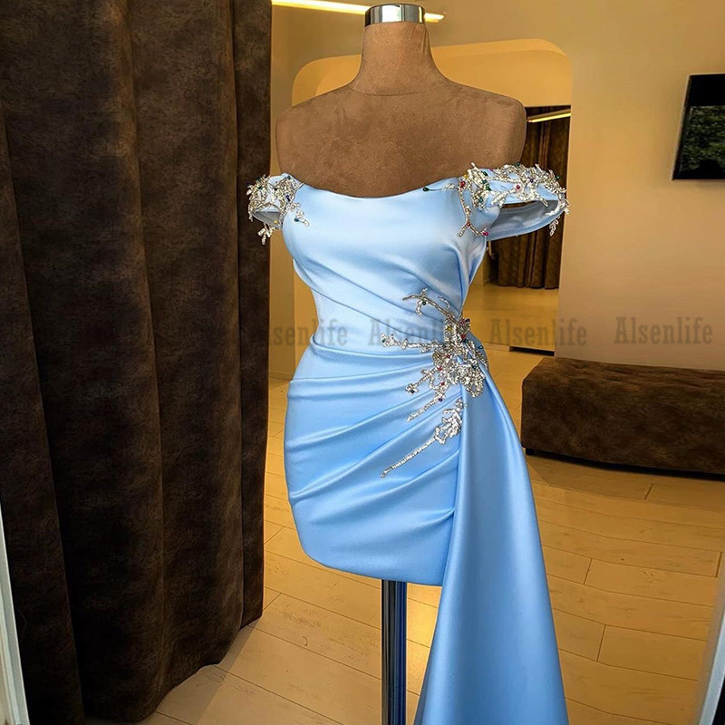 Vestidos De Cocktail Sky Blue Off the Shoulder Short Evening Dress Party Gowns celebrity prom Dress Wear