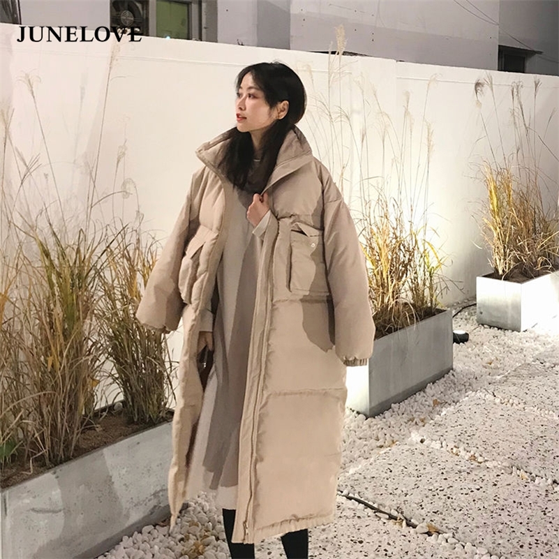 JuneLove Women's Oversize Over Knee Long Warm Coat Vintage Winter Cotton-Padded Jacket Parkas Casual Korean Female Thick Outwear 201217