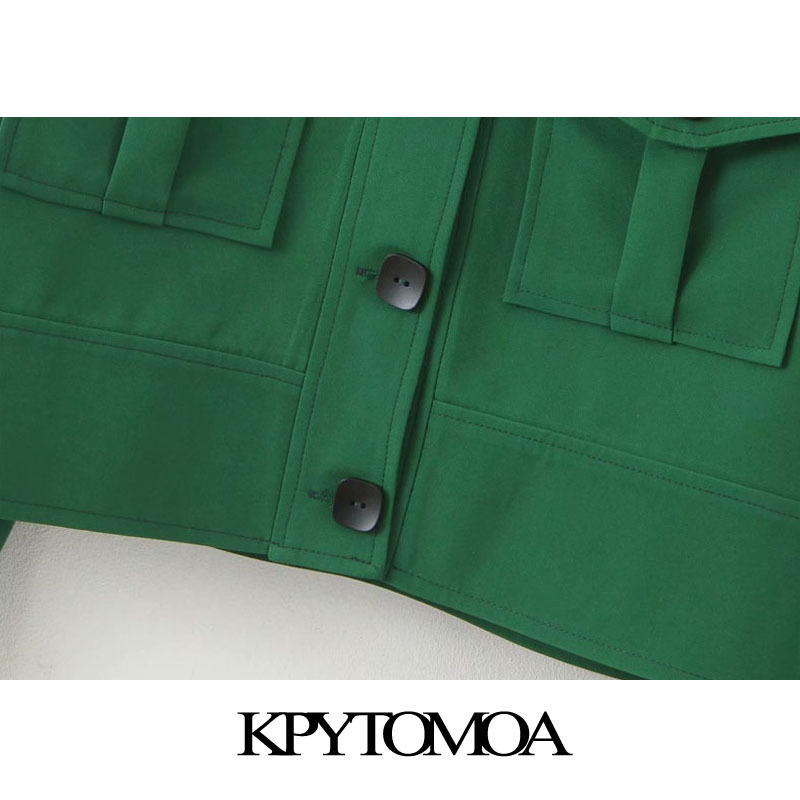 KPYTOMOA Women Fashion Safari Style Pockets Cropped Jacket Coat Vintage Lantern Sleeve Buttonup Female Outerwear Chic Tops 201017