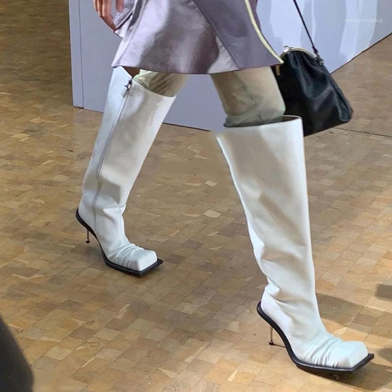 Women's White Knee High Boots Stainless Steel Slim Heels Square Toe Folds Knight Shoes B2981, Beige
Women's White Knee High Boots Stainless Steel Slim Heels Square Toe Folds Knight Shoes B2981, Beige