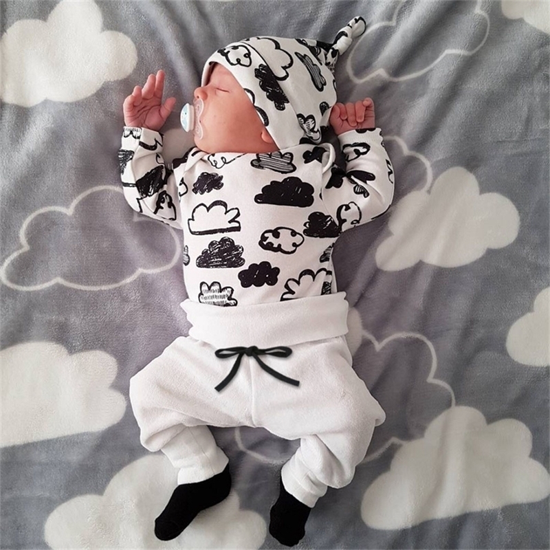 Newborn Infant Baby Boys Girls Clothes Cloud Print Long Sleeve T Shirt Tops+Pants+Hat Autumn Toddler Outfits Clothing Set LJ201223