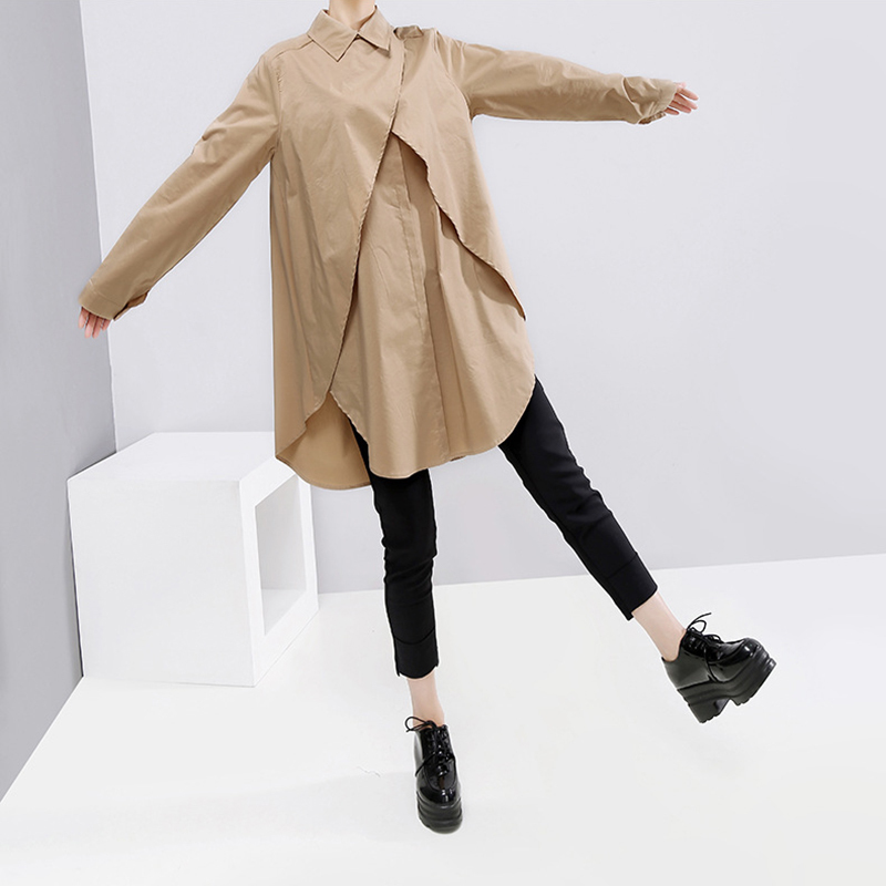 EAM Women Khaki Split Joint Asymmetrical Blouse New Lapel Long Sleeve Loose Fit Shirt Fashion Spring Autumn 1B722 T200322